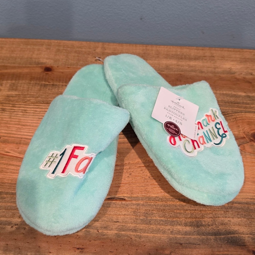 Hallmark Channel Women Slippers Aqua Blue #1 Fan Embroidered Plush L/XL
